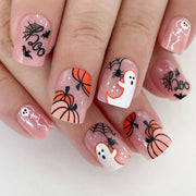 24pcs Wearable Nails Patch Pumpkin Spider Ghost Halloween Style Artificial False Nail Art Manicure Removable Girl Halloween Gift