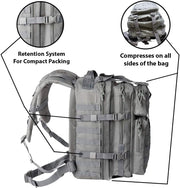 Bravo Backpack - Large Military Hiking Backpack 34L - Waterproof Heavy-Duty Molle Hunting Bag for Men - Tactical Rucksack Daypack - Hydration Pack Compatible for Running, Cycling, Biking- (Gray)