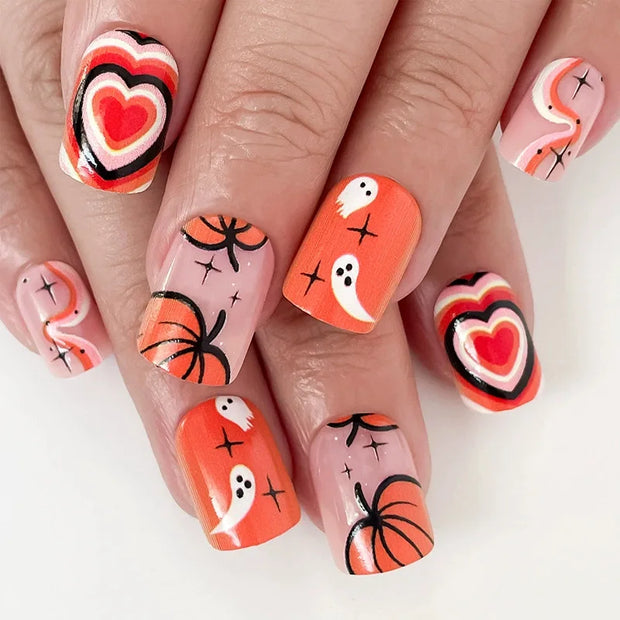 24pcs Wearable Nails Patch Pumpkin Spider Ghost Halloween Style Artificial False Nail Art Manicure Removable Girl Halloween Gift