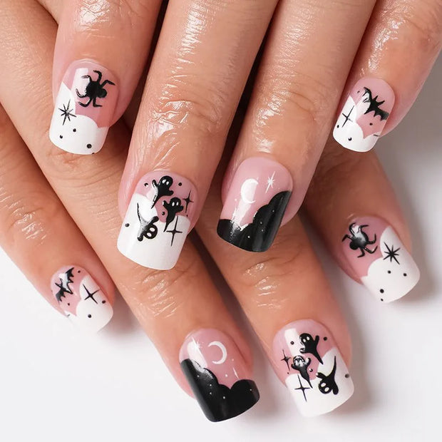 24pcs Wearable Nails Patch Pumpkin Spider Ghost Halloween Style Artificial False Nail Art Manicure Removable Girl Halloween Gift