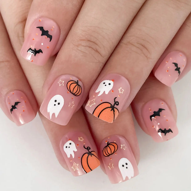 24pcs Wearable Nails Patch Pumpkin Spider Ghost Halloween Style Artificial False Nail Art Manicure Removable Girl Halloween Gift